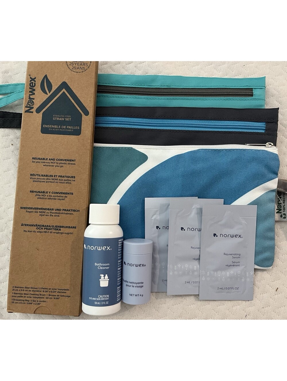 Lot NORWEX 3 Wristlet Travel Pouch Bag Gray Straws Bathroom Face Cleaner Samples